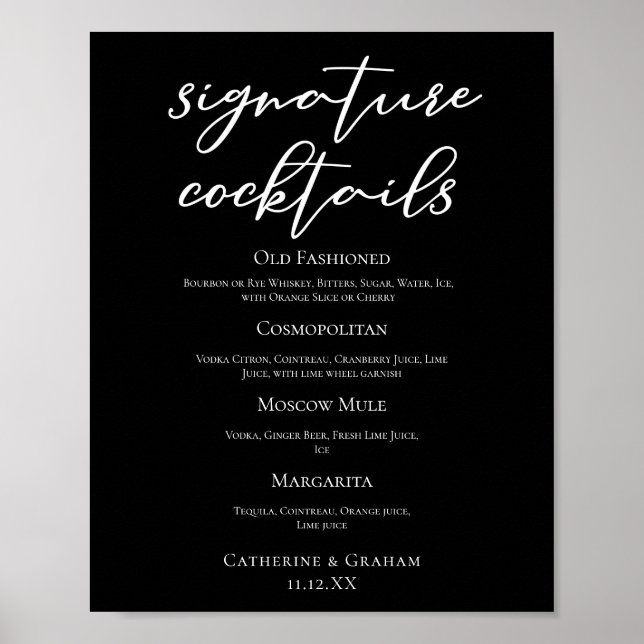 Elegant svart bröllopsmeny för signaturdrinkar poster (Framsidan)