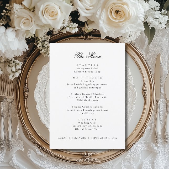 Elegant Svart Bröllopsmeny & Mottagnings Tacksamhe Meny (This elegant wedding menu is perfect for creating that fine art wedding look.)