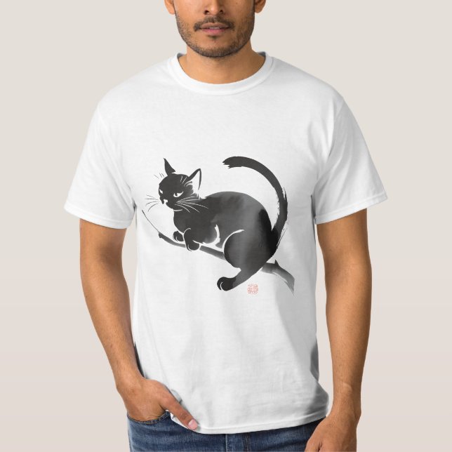 Elegant Svart Cat Bläck-målning T Shirt (Framsida)