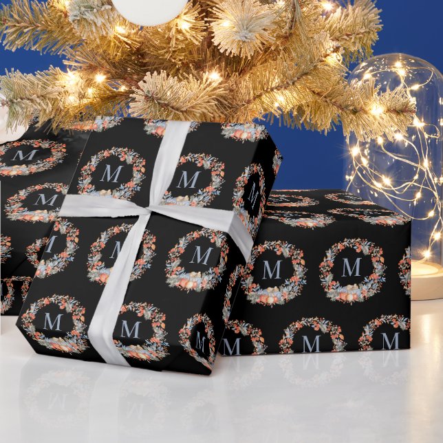Elegant svart chic monogram krans jul presentpapper (Helgdagar)