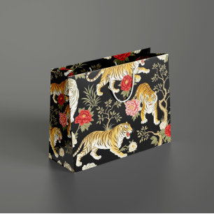 Elegant svart chinoiserie tiger- och peonimönster