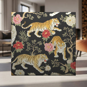 Elegant svart chinoiserie tiger- och peonimönster kakelplatta