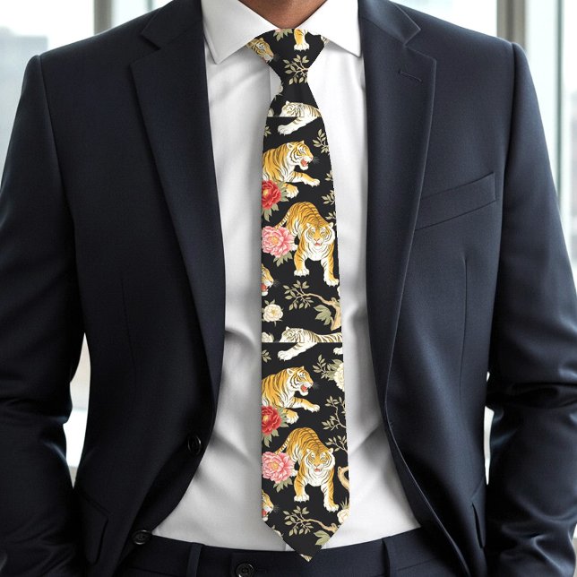 Elegant svart chinoiserie tiger- och peonimönster slips (Skapare uppladdad)
