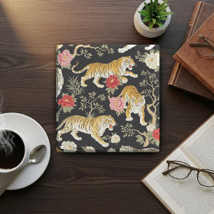 Elegant svart chinoiserie tiger- och peonimönster stenunderlägg