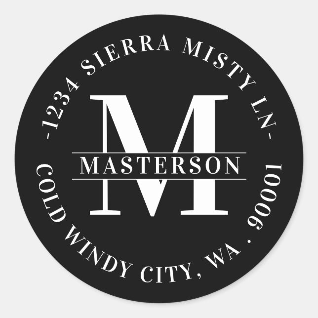 Elegant, svart, cirkulär Returadress Runt Klistermärke (Framsida)