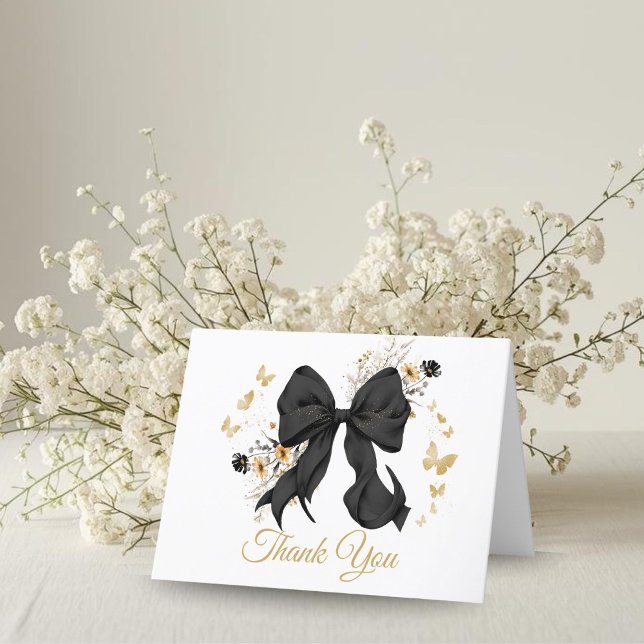 Elegant svart coquette-skjorta Tacksamhetskort Tack Kort (Elegant Black Bow Wildflower thank you card)