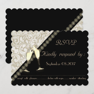 Elegant Svart, Damask Bröllop RSVP-kort Inbjudningar