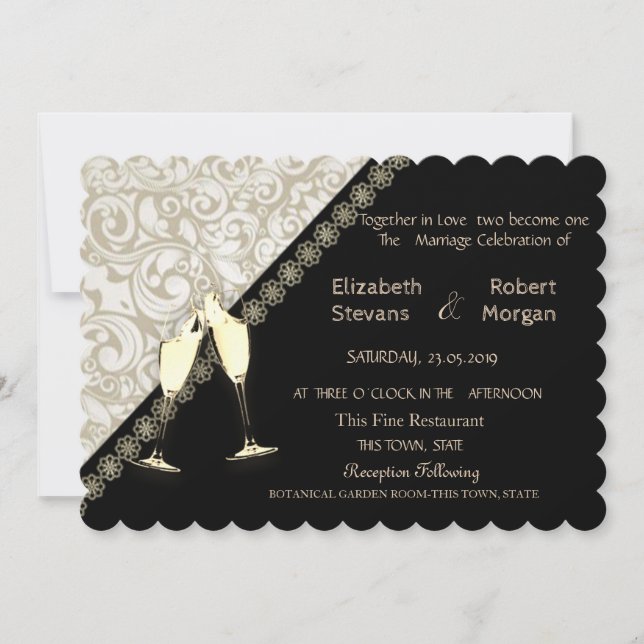 Elegant Svart, Damask Bröllopsinbjudan Inbjudningar (Framsida)