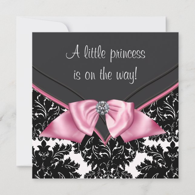 Elegant svart damask prinsessa baby shower inbjudningar (Framsida)