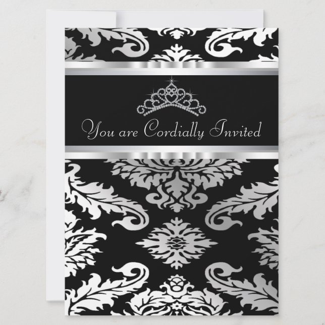 Elegant svart damask Quinceanera Inbjudningar (Framsida)