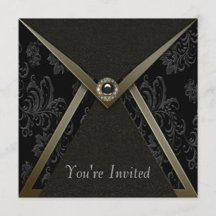 Elegant svart damask svart och guld fest inbjudningar