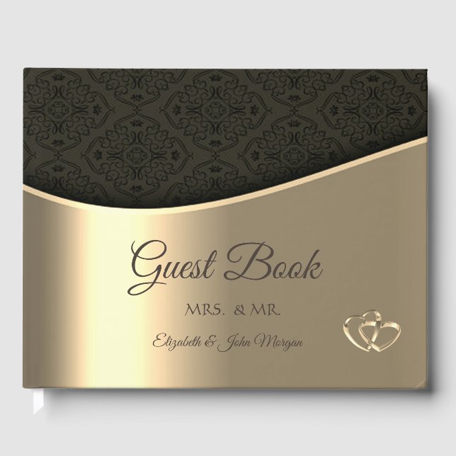 Elegant svart damast guld bröllop gästböcker (Framsida)