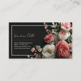 Elegant Svart Dammig Rosé Pion Blommig Rektangulär Visitkort