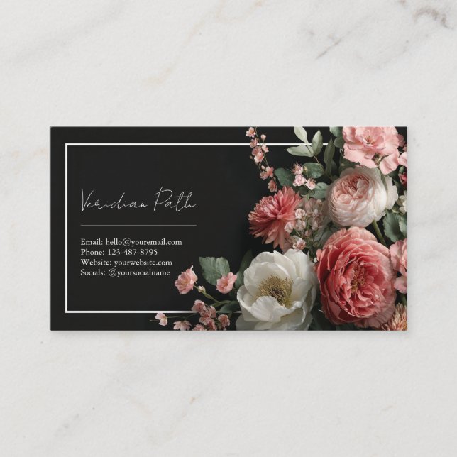 Elegant Svart Dammig Rosé Pion Blommig Rektangulär Visitkort (Framsida)