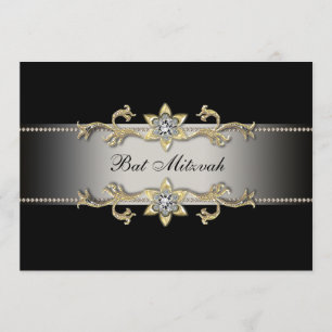 Elegant svart diamant guld Bat Mitzvah-inbjudan Inbjudningar