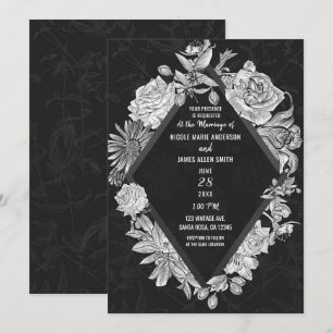 Elegant svart diamant vintage blommor bröllop inbjudningar