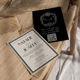 Elegant Svart Elfenben Gammal Pengar Retro QR-kod  Inbjudningar