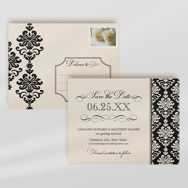 Elegant svart elfenbensdamast Scrollwork Bröllop Meddelande Vykort (Skapare uppladdad)