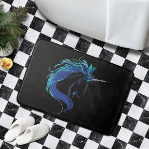 Elegant Svart Enhörning Blå Silver Magisk Fantasy Badrumsmatta