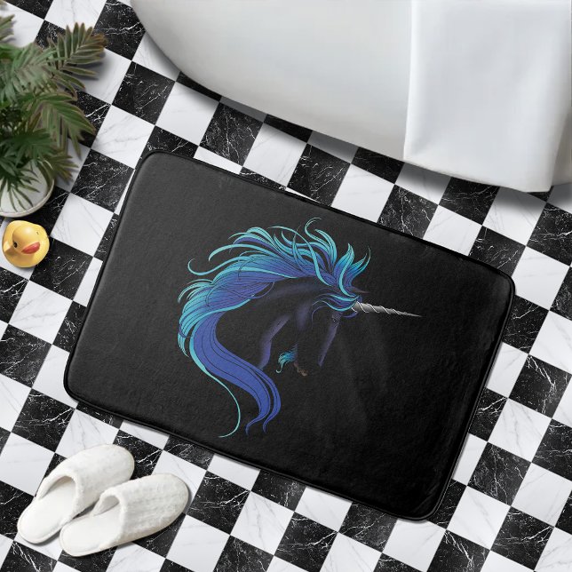 Elegant Svart Enhörning Blå Silver Magisk Fantasy Badrumsmatta (Skapare uppladdad)