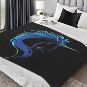 Elegant Svart Enhörning Blå Silver Magisk Fantasy Fleecefilt