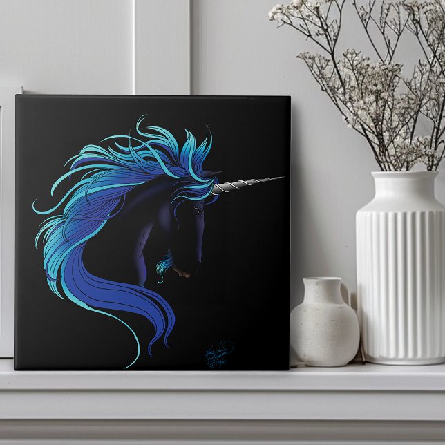 Elegant Svart Enhörning Blå Silver Magisk Fantasy Kakelplatta (Skapare uppladdad)