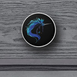 Elegant Svart Enhörning Blå Silver Magisk Fantasy Knopp