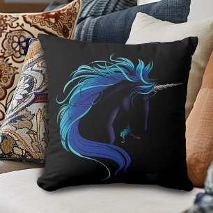 Elegant Svart Enhörning Blå Silver Magisk Fantasy Kudde