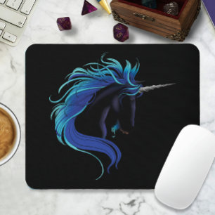 Elegant Svart Enhörning Blå Silver Magisk Fantasy Musmatta