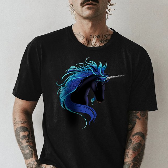 Elegant Svart Enhörning Blå Silver Magisk Fantasy T Shirt (Skapare uppladdad)