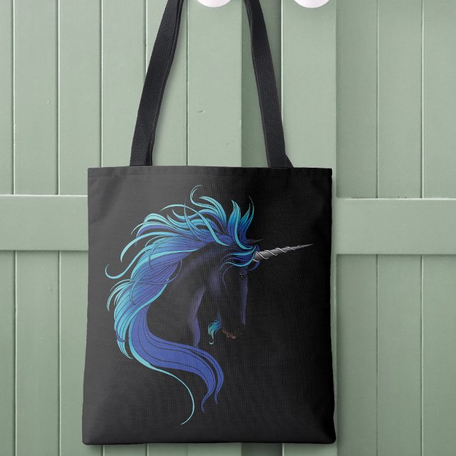 Elegant Svart Enhörning Blå Silver Magisk Fantasy Tygkasse (Skapare uppladdad)
