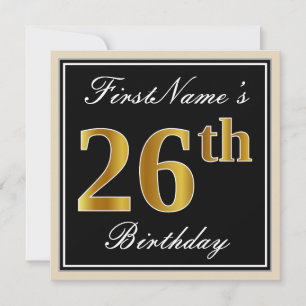 Elegant, Svart, Falskt Guld 26-årsdag + Namn Inbjudningar