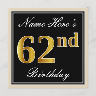 Elegant, Svart, Falskt Guld 62-årsdag + Namn Inbjudningar