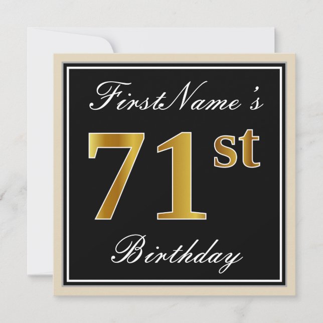 Elegant, Svart, Falskt Guld 71-årsdag + Namn Inbjudningar (Framsida)