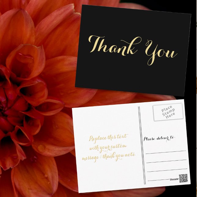 Elegant Svart Falskt Guld Script Bröllop Tack Vykort (Elegant Black Faux Gold Script Wedding Thank You Postcard)