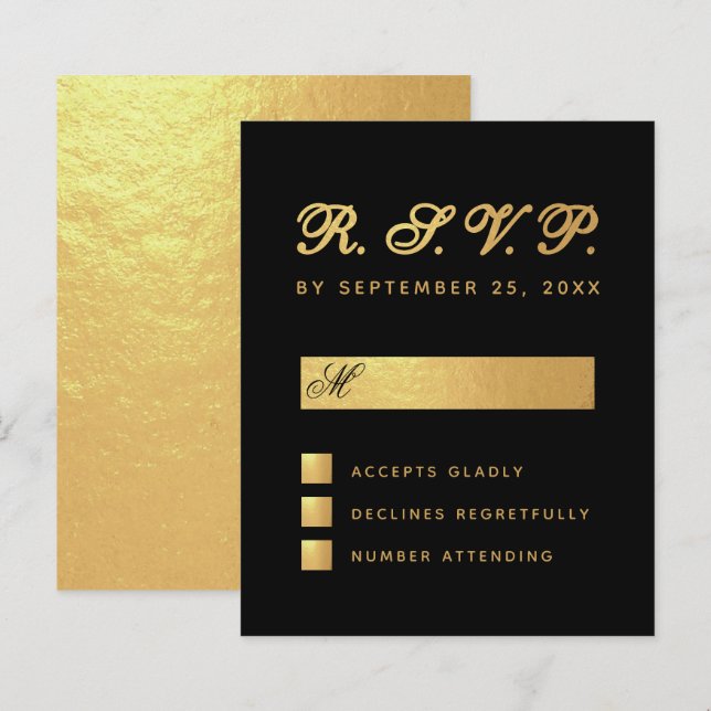 Elegant svart falskt guldskript bröllop RSVP på bu (Fram/baksida)