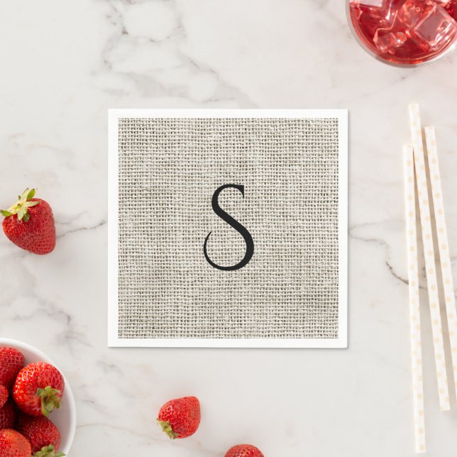 Elegant svart falskt linne-monogram bröllop pappersservett (Insitu)