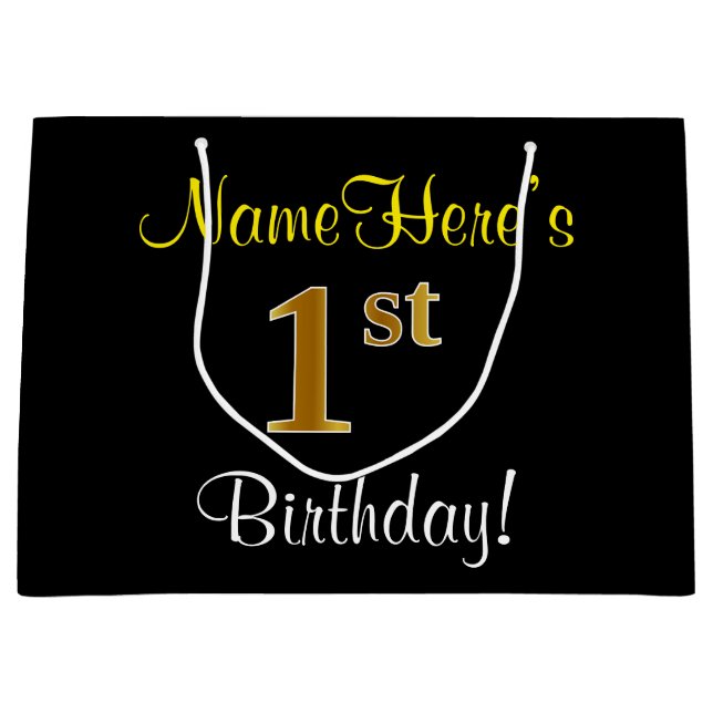 Elegant, svart, faux Guld 1:a födelsedag + Namn (Framsidan)