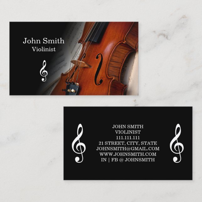 Elegant svart fiol violinist visitkort (Fram/baksida)