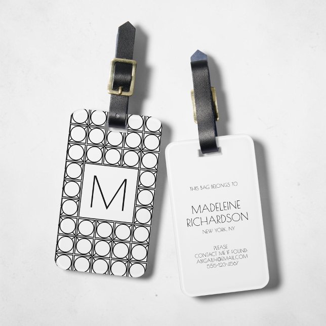 Elegant svart flätad mönster Chic initial monogram Bagagebricka (Elegant Black Rattan Pattern Chic Initial Monogram Luggage Tag)