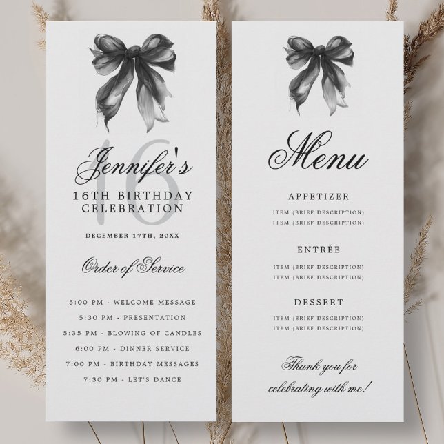 Elegant svart födelsedagsfestprogram meny 16 år inbjudningar (Elegant Black Bow 16th Birthday Party Program Menu)