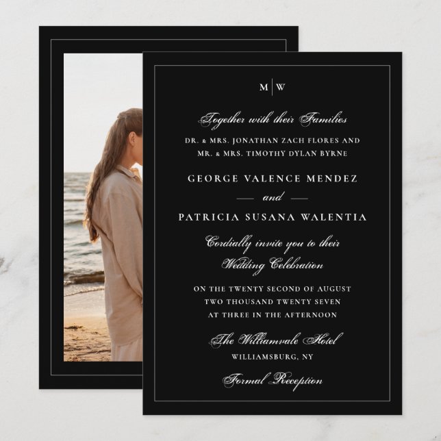 Elegant Svart Foto Monogram Bröllop Inbjudningar (Fram/baksida)
