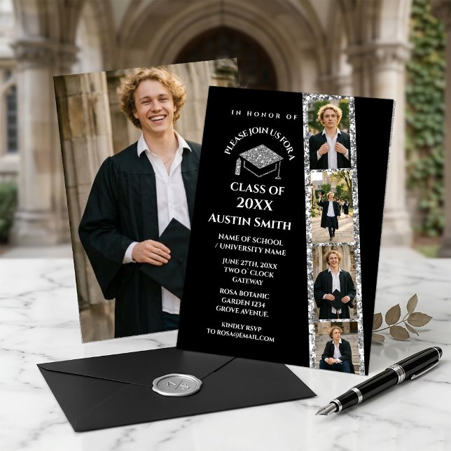 Elegant svart fotostrippresentation med glitter inbjudningar (#GraduationInvitation #GraduationParty #ClassOf20XX #GraduationAnnouncement #SeniorPhotos #ElegantIn)