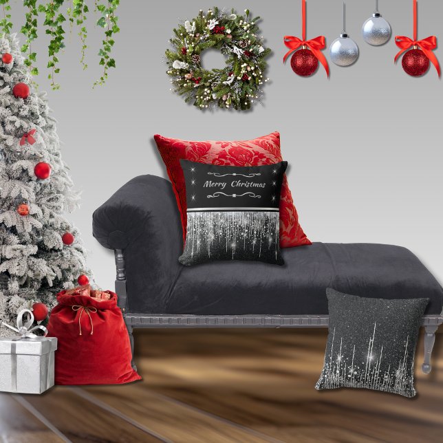 Elegant svart glänsande silver God Jul Kudde (Elegant black and silver sparkly icicles and stars throw pillows with "Merry Christmas" throw pillow)