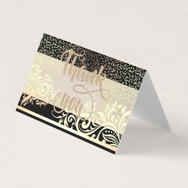 Elegant svart, glitter guld konfetti tackkort visitkort (Framsida)