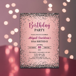 Elegant svart glitter metallisk rosa 101-årsdag inbjudningar