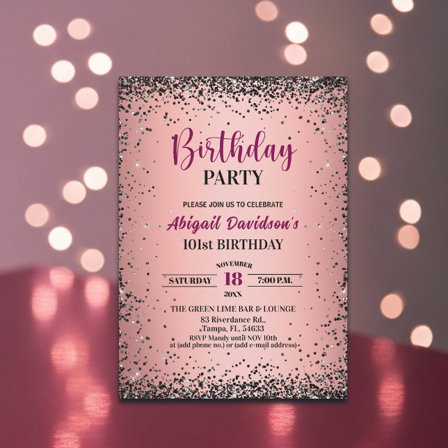Elegant svart glitter metallisk rosa 101-årsdag inbjudningar (Skapare uppladdad)