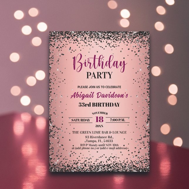 Elegant svart glitter metallisk rosa 53-årsdag inbjudningar (Skapare uppladdad)