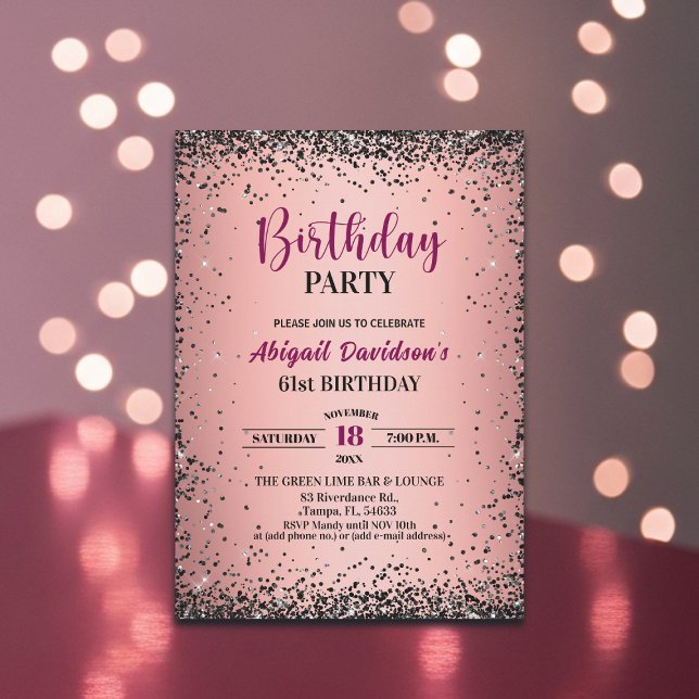 Elegant svart glitter metallisk rosa 61-årsdag inbjudningar (Skapare uppladdad)