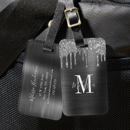 Elegant svart glitterdropp BORSTAT monogram Bagagebricka